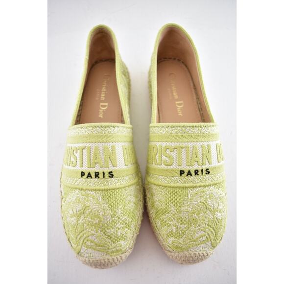 Dior Granville Toile De Jouy Embroidered Lime Green Logo Espadrille Flat 35.5 - Picture 9 of 12